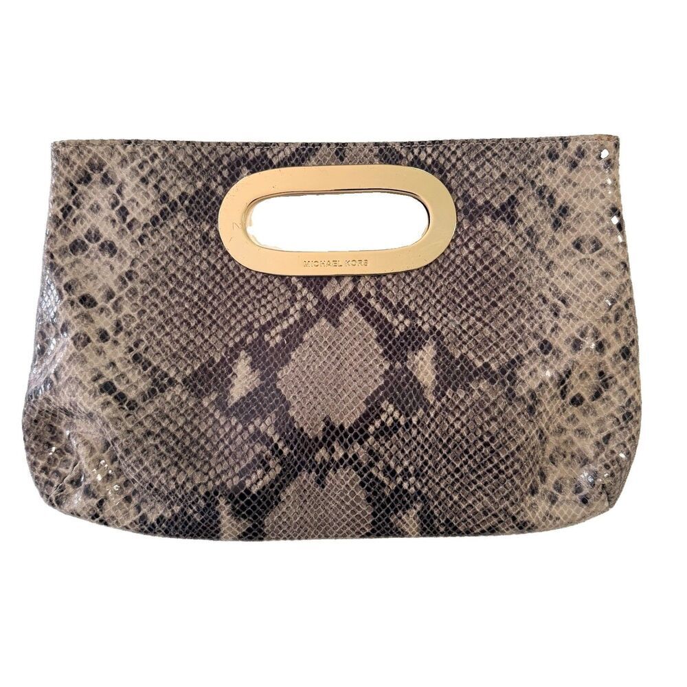 Michael Kors Berkley Python Snakeskin Embossed Leather Clutch Bag Gold Handle